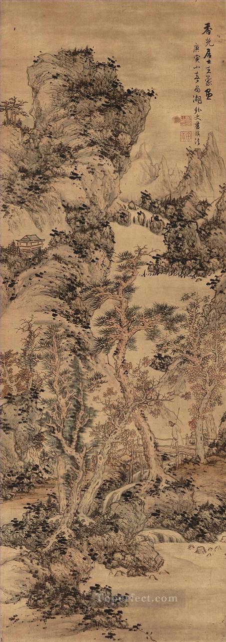 王蒙の後の秋の山 古い中国の墨油絵
